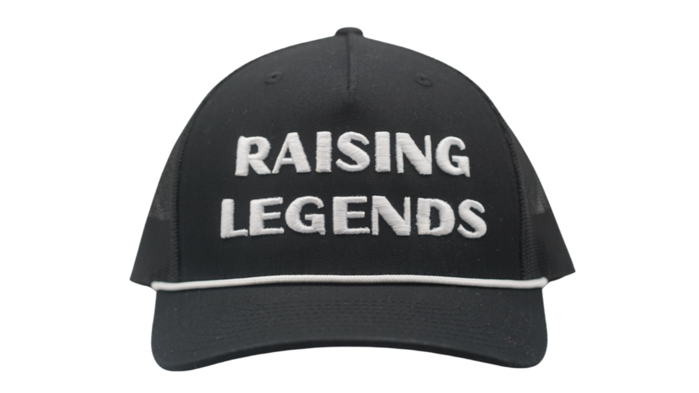 Black cap with 'RAISING LEGENDS' text on a white background